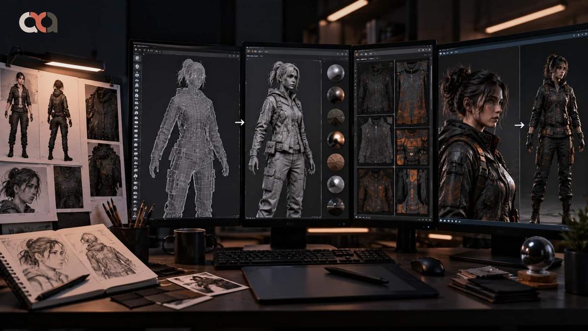 Game art character production workflow showing concept references, 3D modeling, materials, texturing, and final character asset