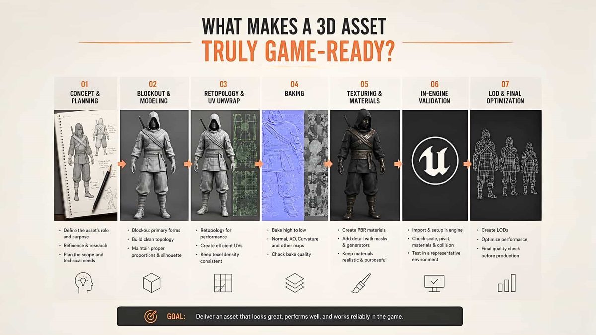 Seven-stage workflow for creating game-ready 3D assets from concept planning to LOD optimization