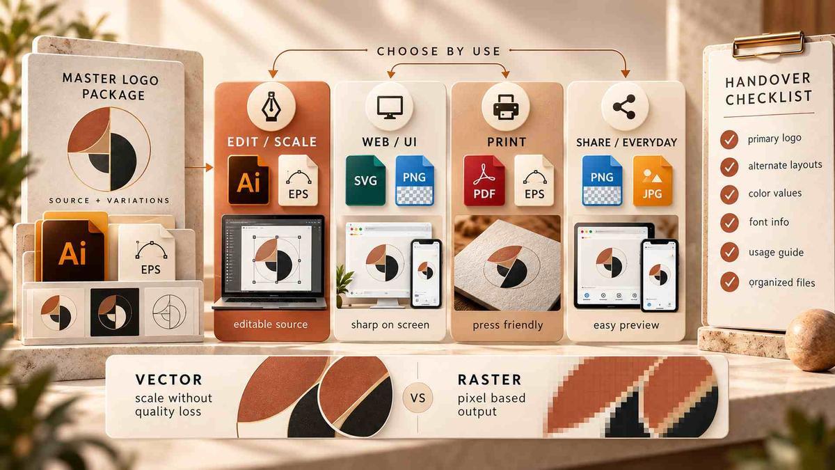 Logo handover guide comparing vector and raster formats for editing, web, print, and everyday use