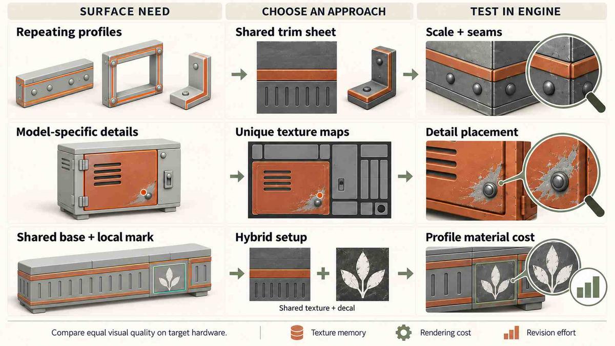 Comparison of trim sheets, unique texture maps, and hybrid texturing workflows for game assets