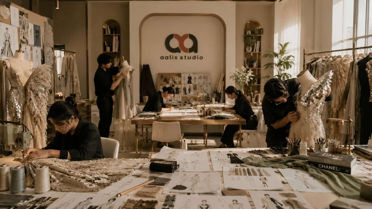 Aalix Studio fashion team developing custom eventwear garments in the atelier