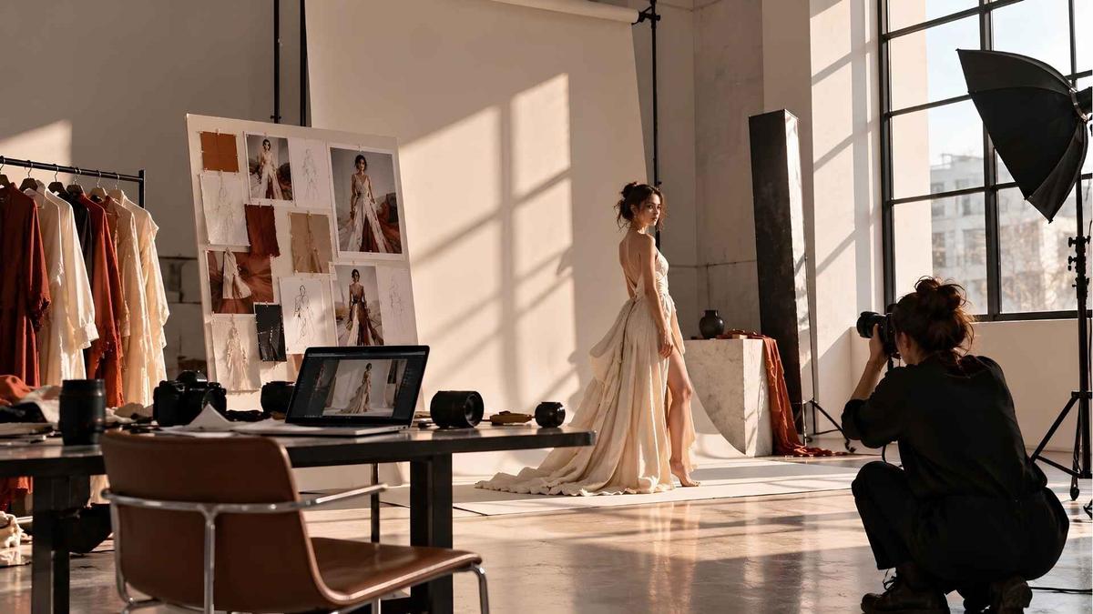 Fashion lookbook photoshoot with a model, photographer, garments, and collection reference board in the studio