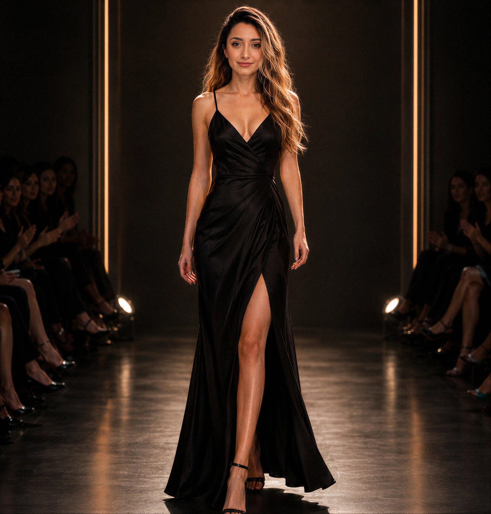 The designer walks the runway in black satin to close the digital fashion show