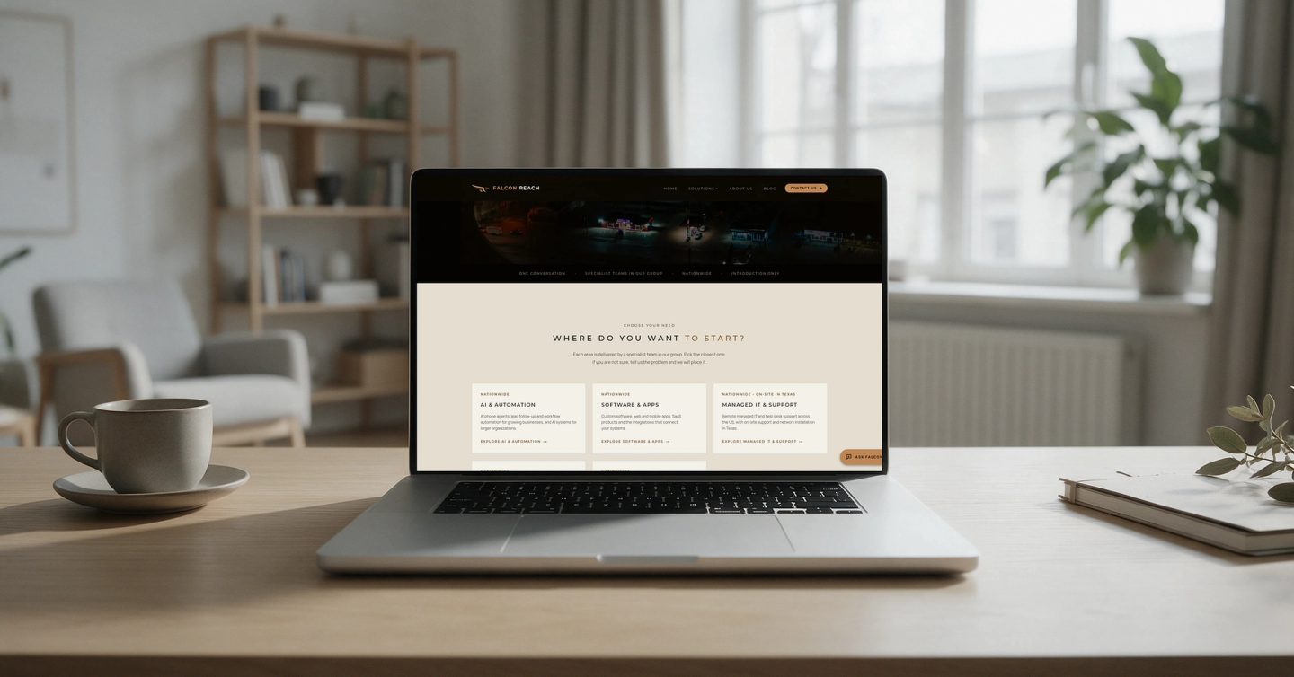 The Falcon Reach website on a laptop: the Where do you want to start? solutions section