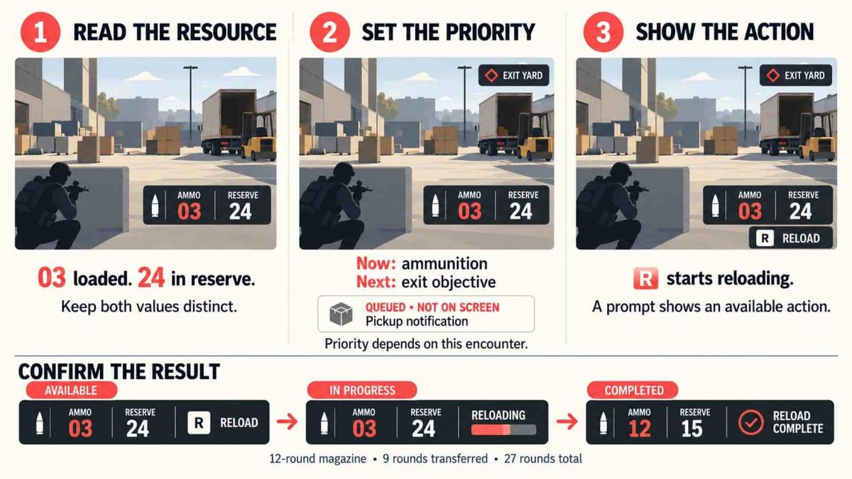 Game HUD design example showing ammunition priority, reload prompts, and confirmation states