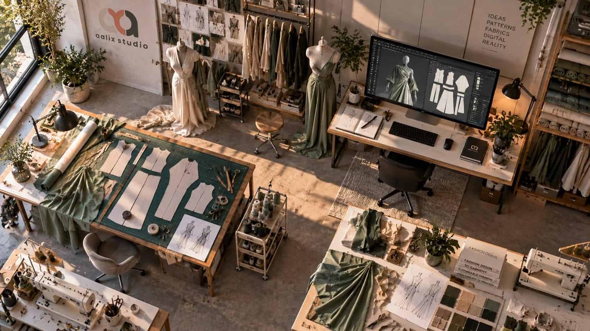 Fashion development studio combining digital garment prototyping, physical patterns, fabric, and garment construction