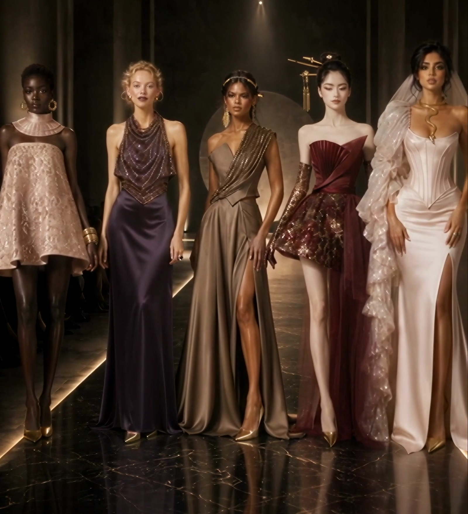 Finale: all five couture looks line up on the virtual runway