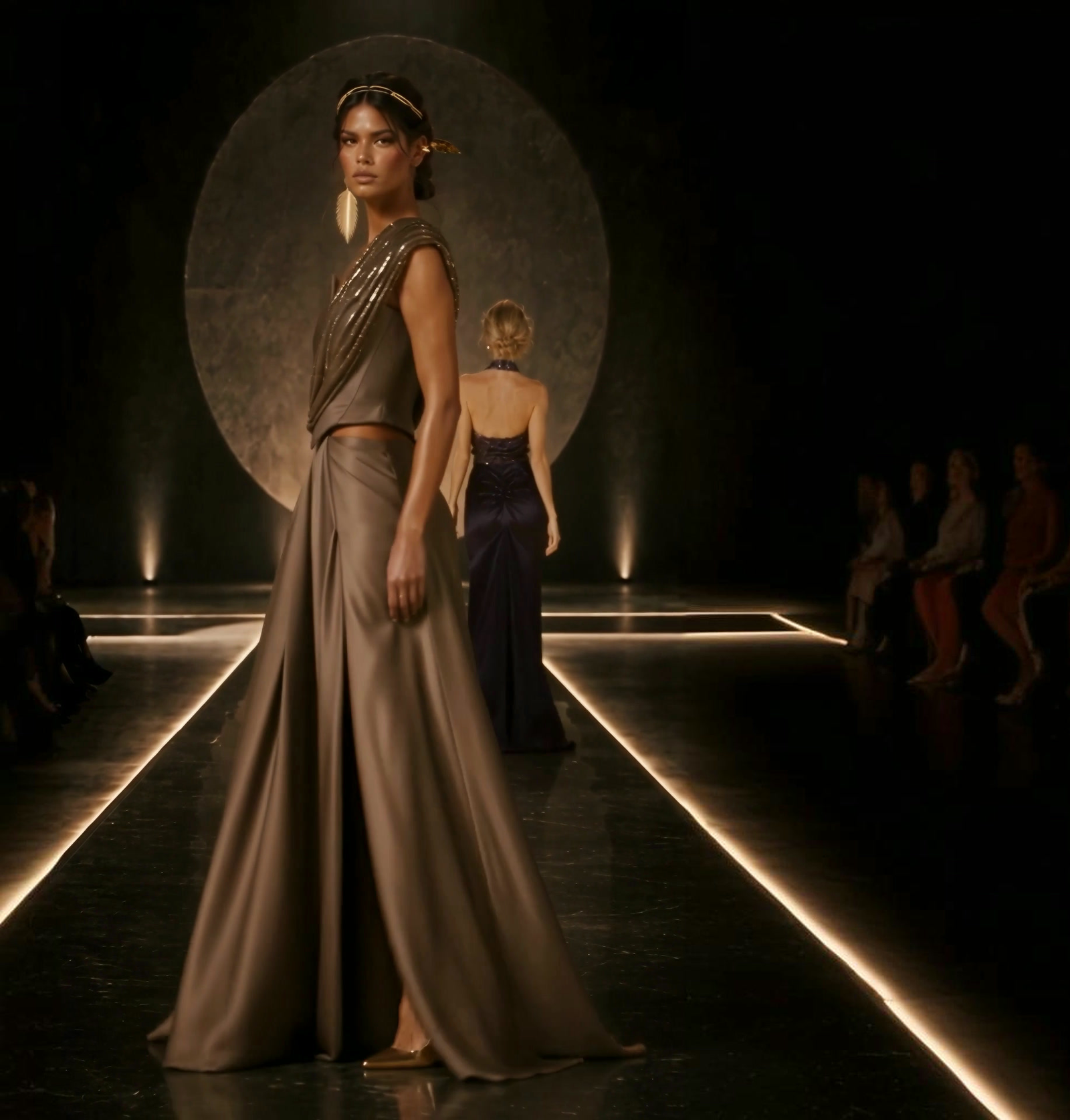 Look 03: bronze one-shoulder draped gown with a high slit and sweeping train