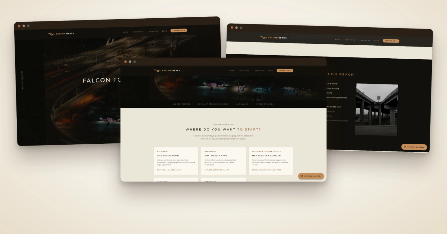 Desktop views of the Falcon Reach website: hero, solutions and about