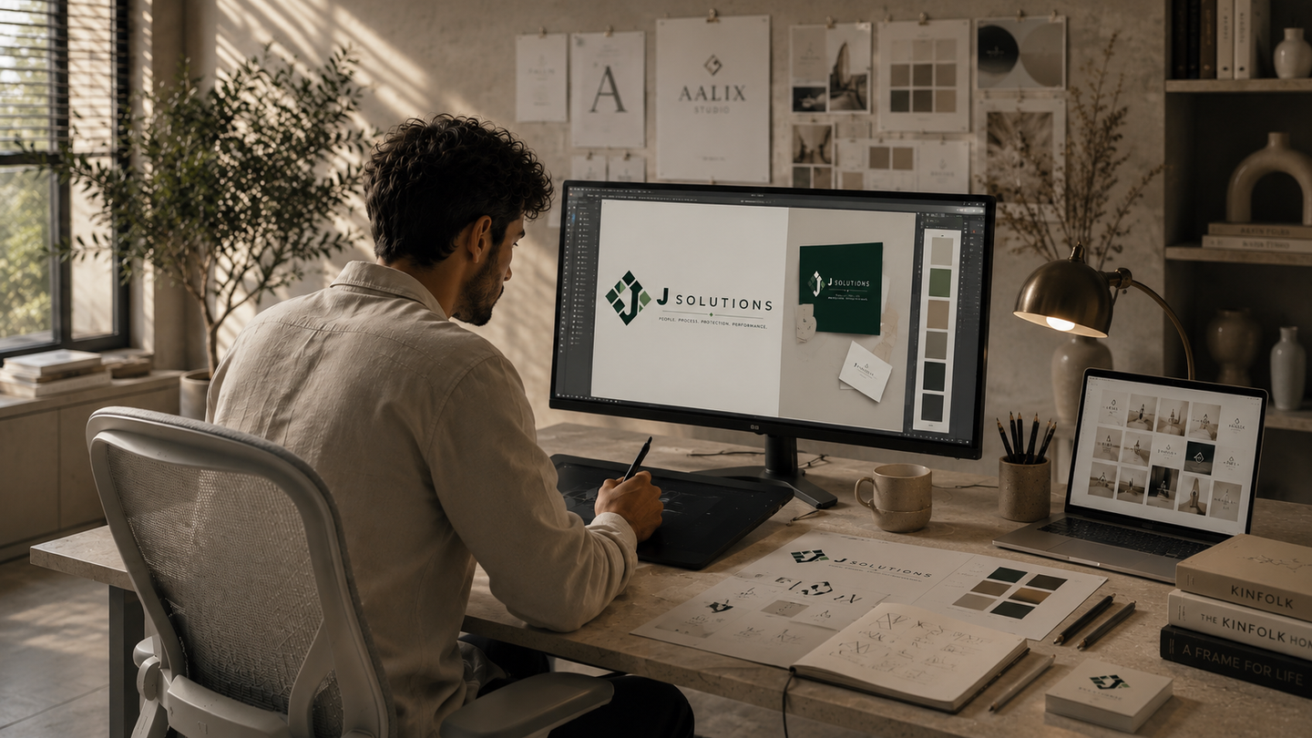 Creative branding designer developing visual identity and digital brand systems