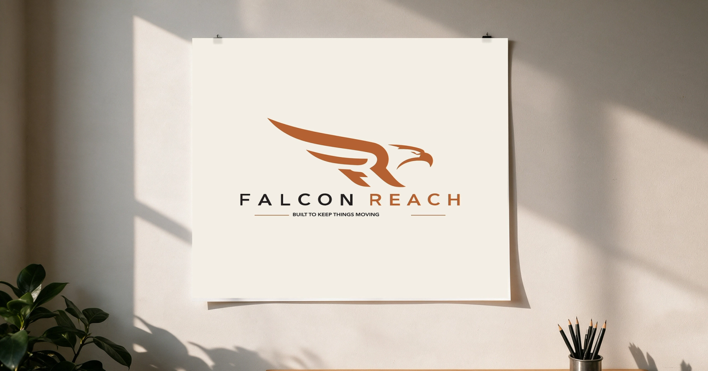 The Falcon Reach logo, supplied artwork shown exactly as delivered, on a studio poster