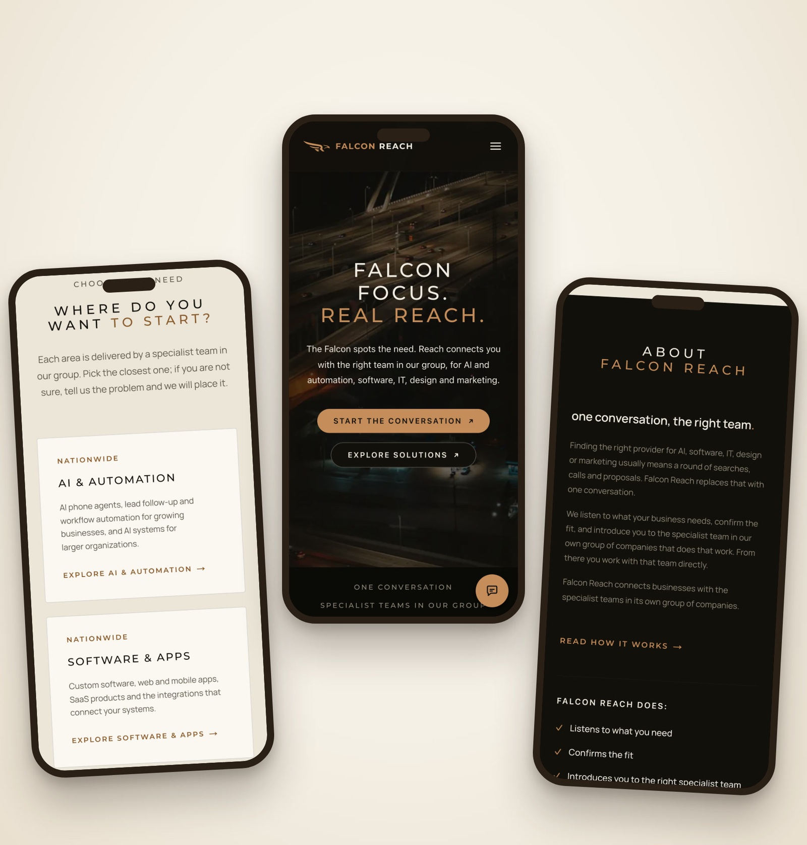 Mobile views of the Falcon Reach website: solutions, hero and about