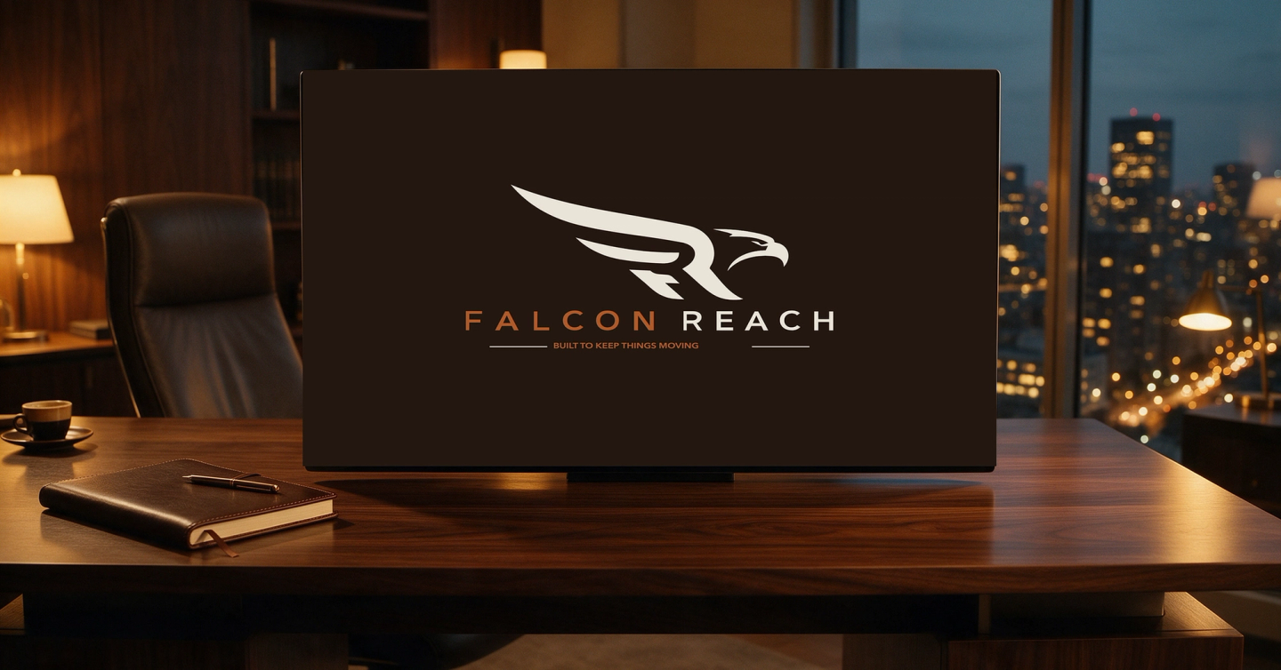 The Falcon Reach logo on the executive's screen in a dark, warm office