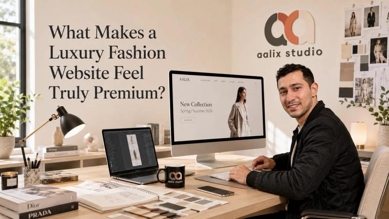 Designer working on a luxury fashion website in the Aalix Studio workspace