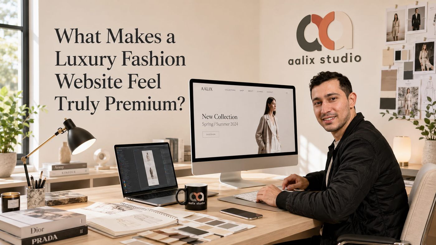 Designer working on a luxury fashion website in the Aalix Studio workspace