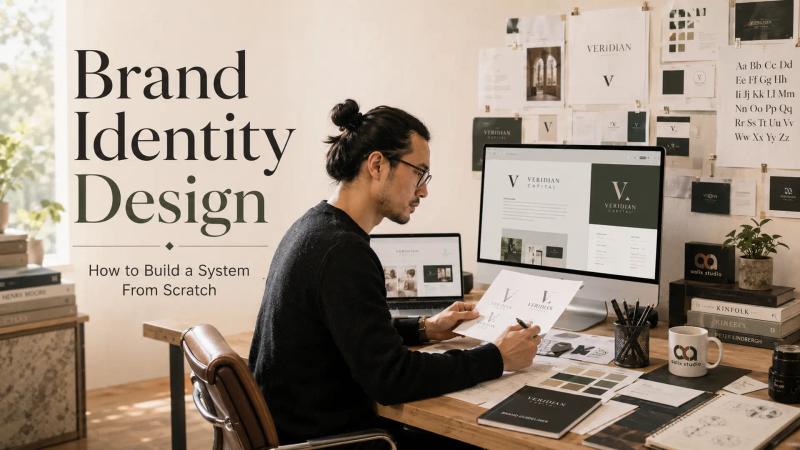 Brand identity designer developing a visual identity system with logo, typography, color, and brand guidelines