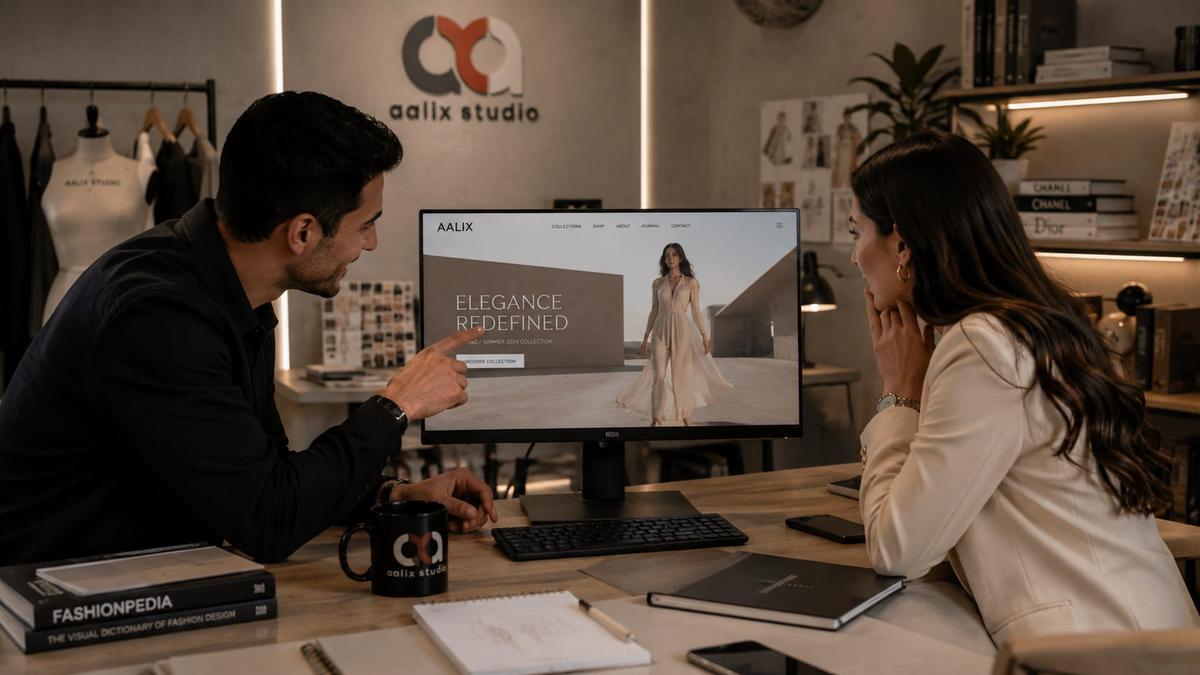 Aalix Studio team reviewing a luxury fashion ecommerce website on a desktop monitor