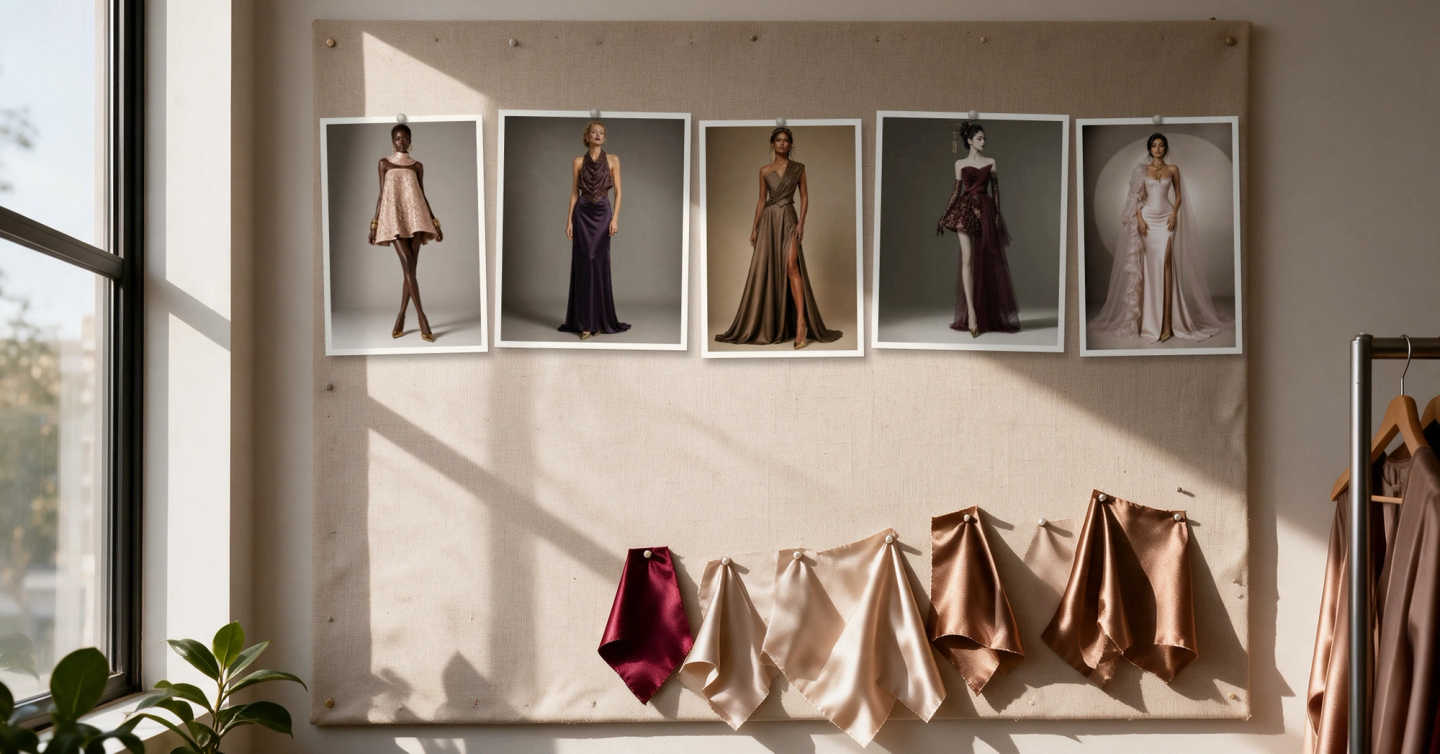 The five looks locked as reference prints on the studio moodboard, beside the satin swatches for the collection