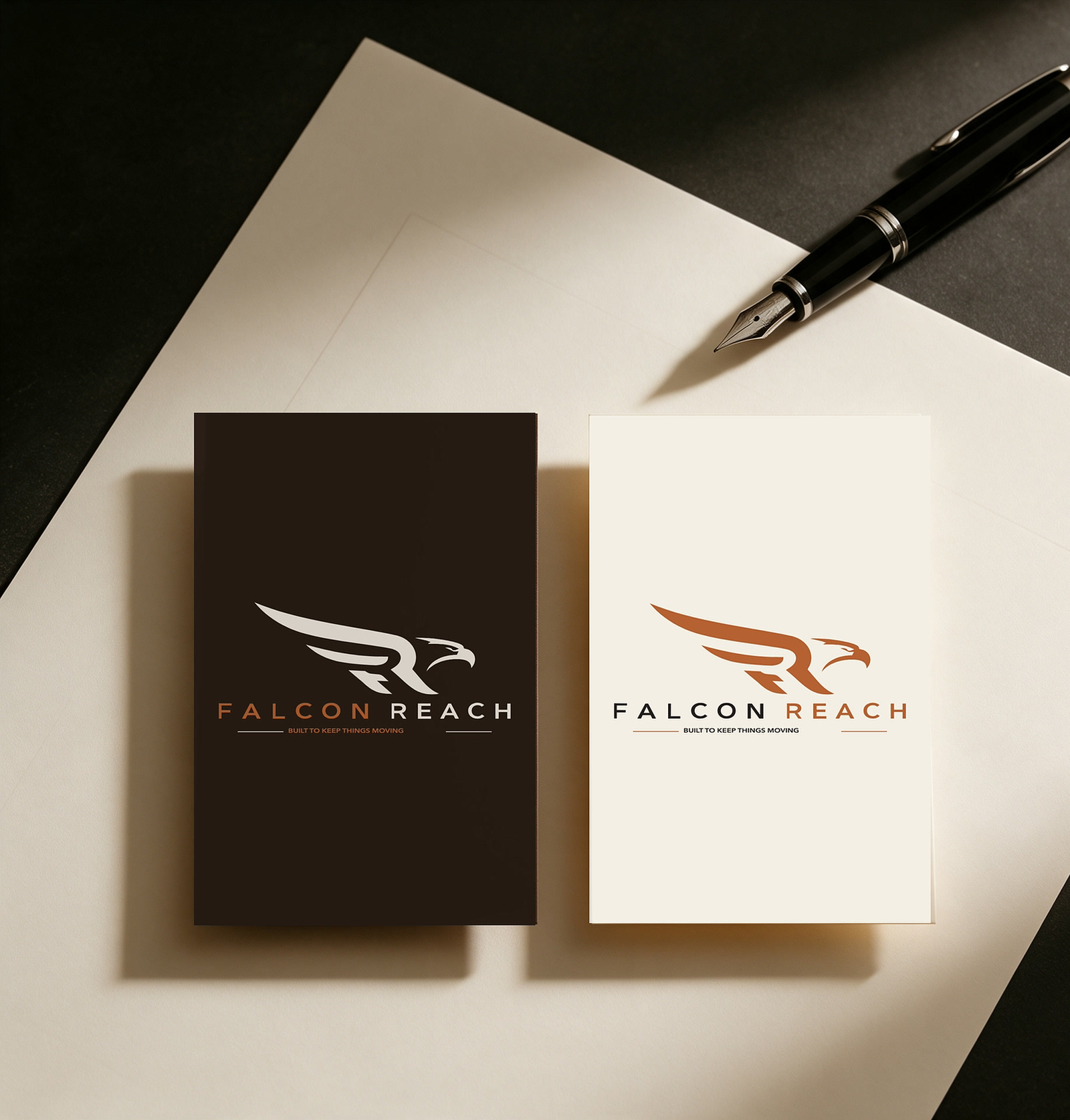 Business cards in espresso and warm ivory carrying the Falcon Reach mark