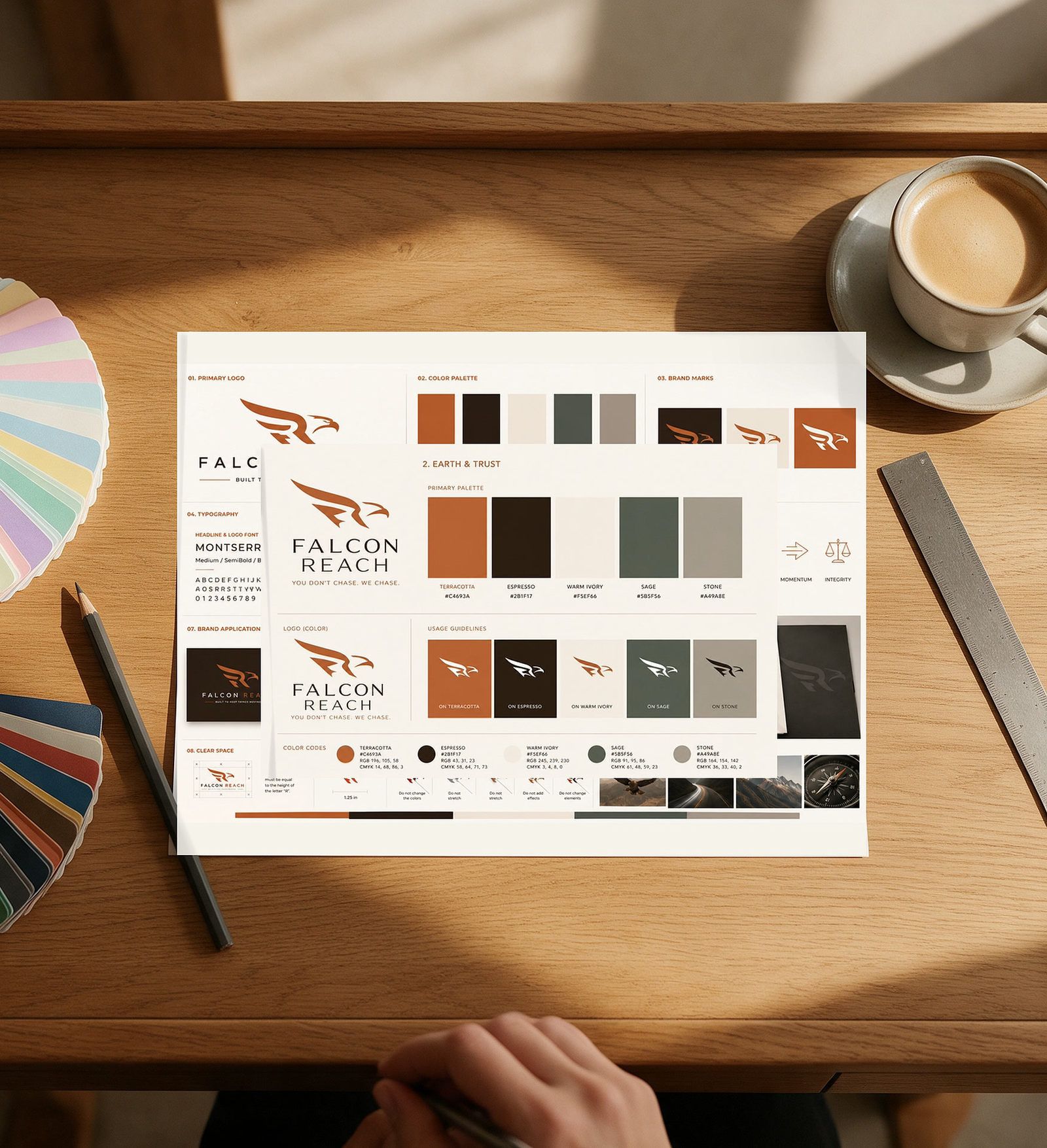 The Falcon Reach brand board and color sheet laid out on the design desk