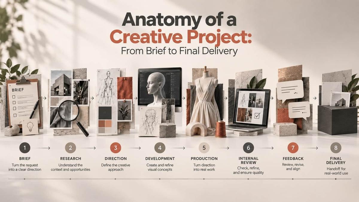 Eight-stage creative project workflow covering brief, research, direction, development, production, review, feedback, and final delivery