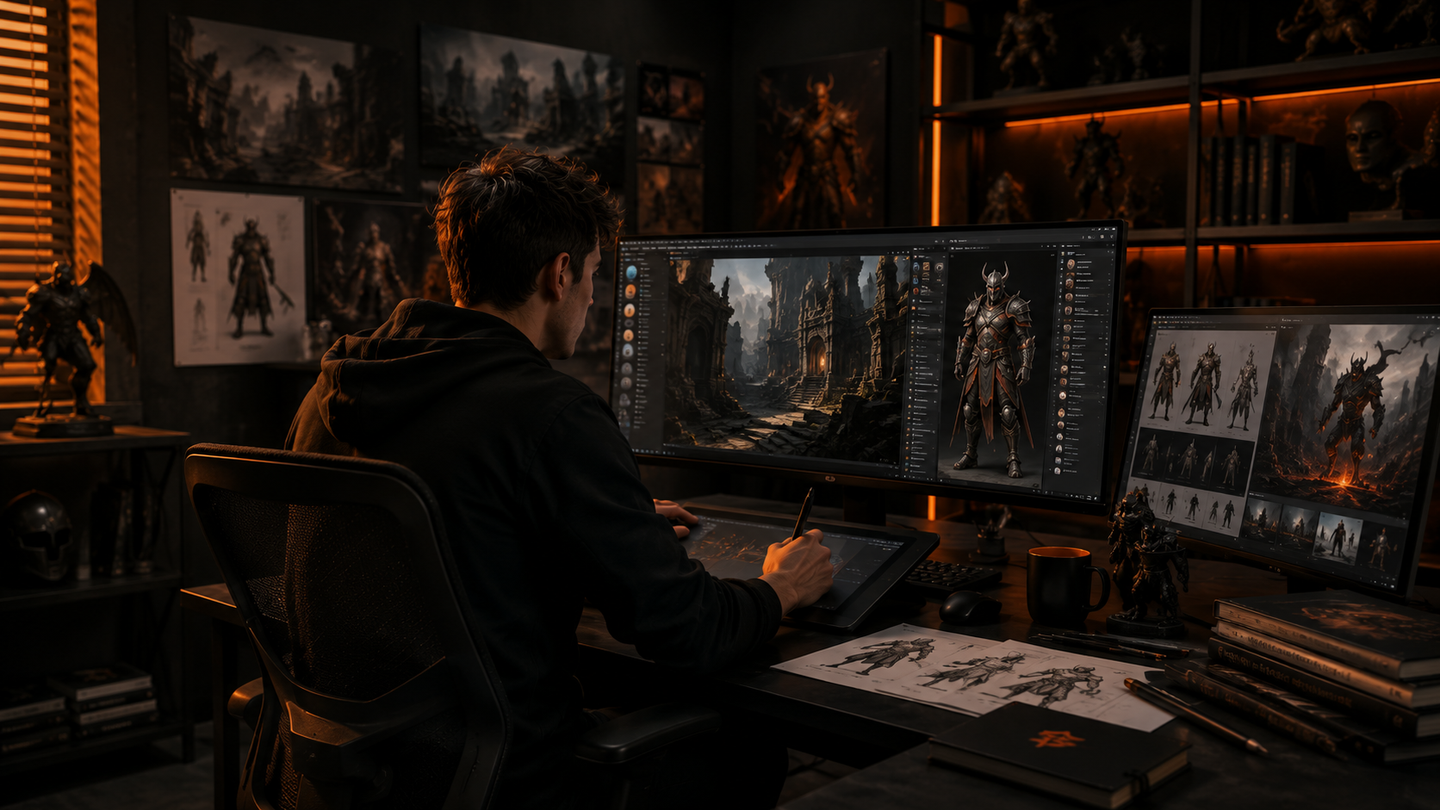 Game artist creating characters, environments, and 3D assets in a professional digital studio