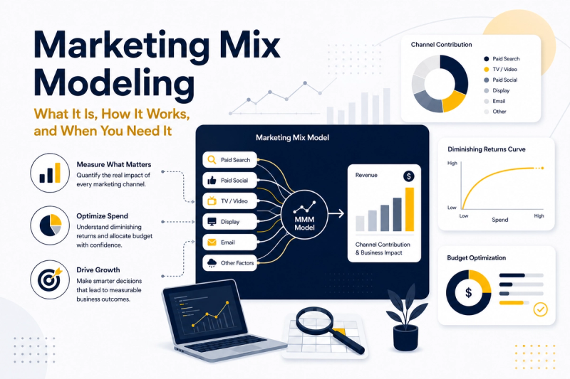 Infographic titled "Marketing Mix Modeling: What It Is, How It Works, and When You Need It," showing channels like paid search, paid social, TV, display, and email feeding into a marketing mix model that outputs revenue by channel contribution, alongside charts for channel contribution, diminishing returns, and budget optimization.