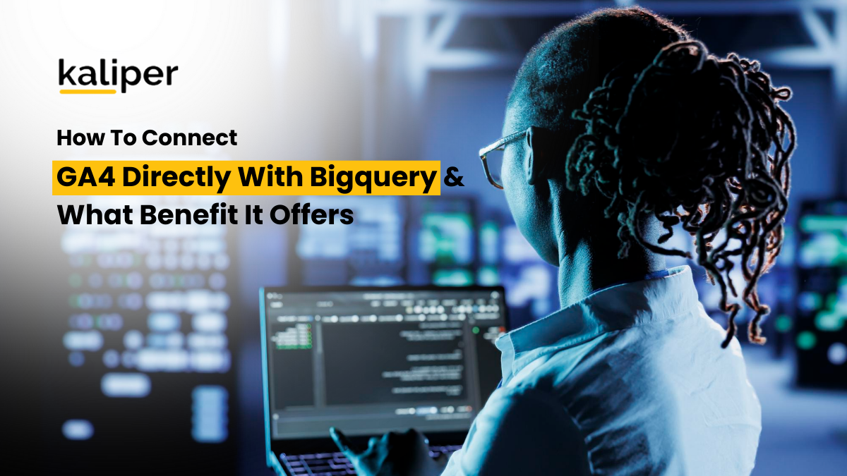Blog header graphic titled "How To Connect GA4 Directly With Bigquery & What Benefit It Offers," showing a woman viewing a laptop screen in a server room with illuminated equipment racks in the background.