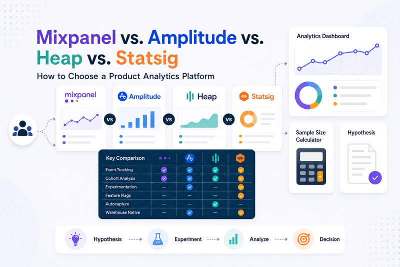 Comparison graphic for Mixpanel, Amplitude, Heap and Statsig, with the four platform logos above a feature matrix covering event tracking, cohort analysis, experimentation, feature flags, autocapture and warehouse-native support.