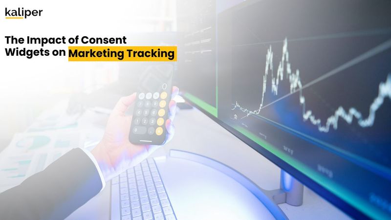 Blog header graphic titled "The Impact of Consent Widgets on Marketing Tracking," showing a hand holding a smartphone calculator app in front of a monitor displaying a white line chart on a dark background.