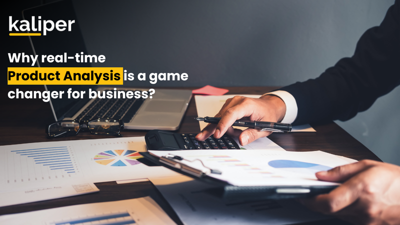 Blog header graphic titled "Why real-time Product Analysis is a game changer for business?," showing a hand using a calculator beside printed bar and pie chart reports.