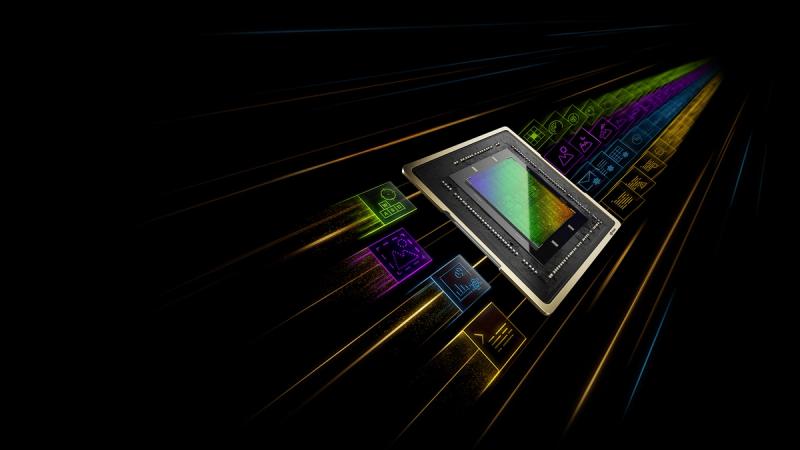 Illustration of a computer processor chip glowing with a rainbow gradient, surrounded by streaking light trails and outlined app icons against a black background.