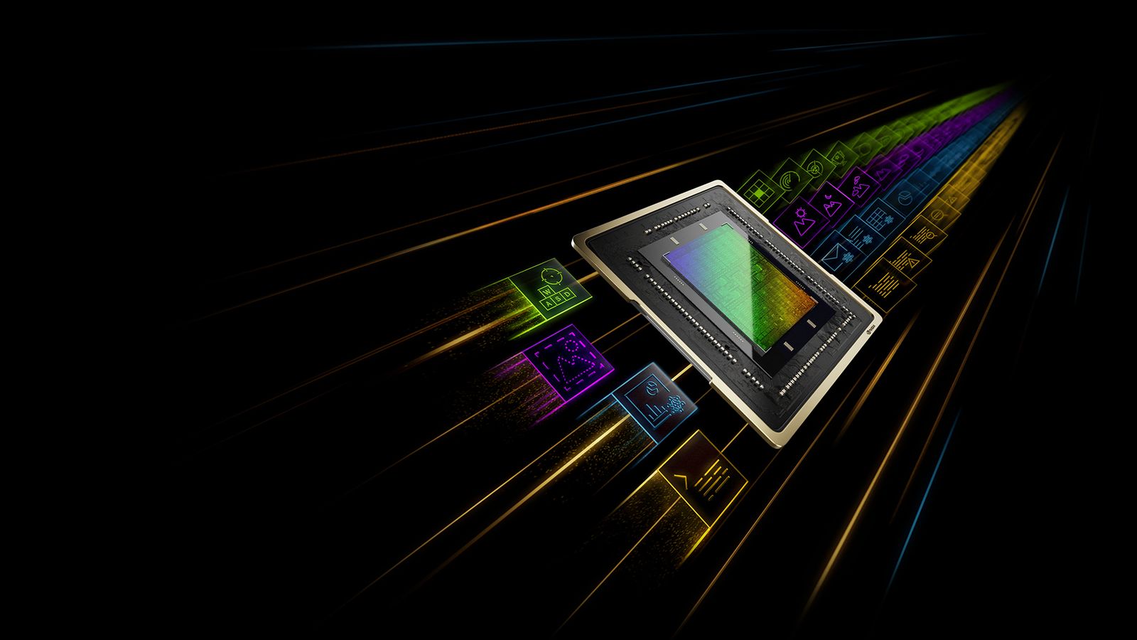 Illustration of a computer processor chip glowing with a rainbow gradient, surrounded by streaking light trails and outlined app icons against a black background.
