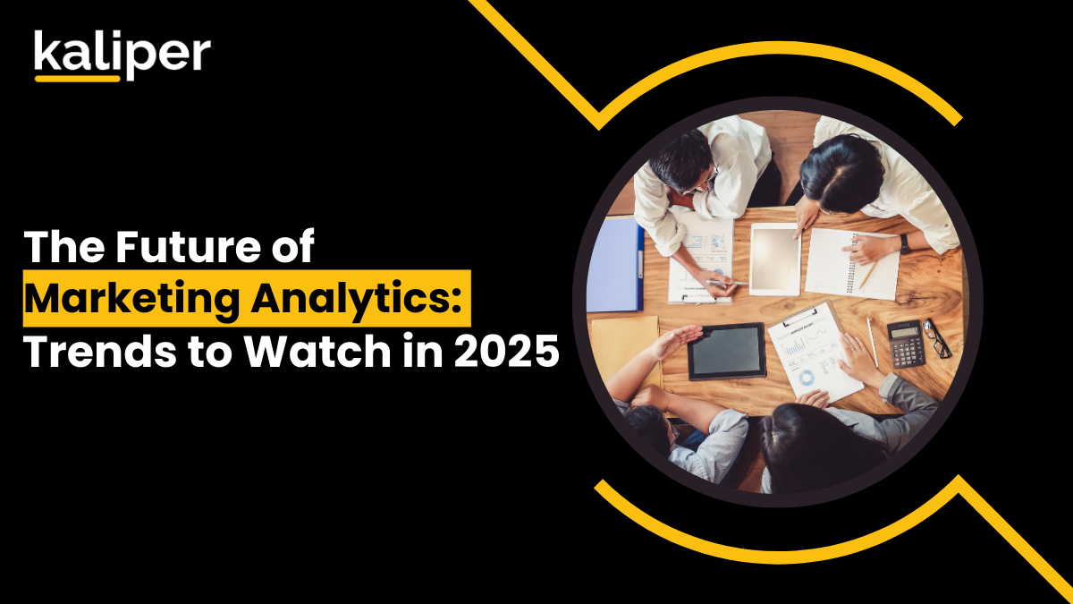 Blog header graphic titled "The Future of Marketing Analytics: Trends to Watch in 2025," showing a circular overhead photo of four colleagues reviewing printed charts and tablets at a wooden table.