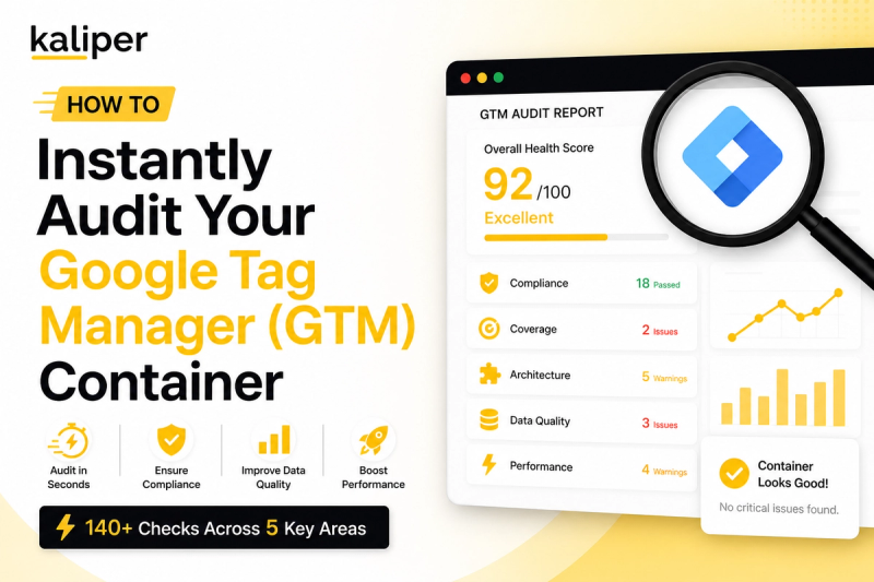 Graphic titled “Instantly Audit Your Google Tag Manager (GTM) Container,” showing a magnifying glass over the GTM logo, a mock audit report with a 92/100 health score across compliance, coverage, architecture, data quality and performance checks, and a banner reading “140+ Checks Across 5 Key Areas.”