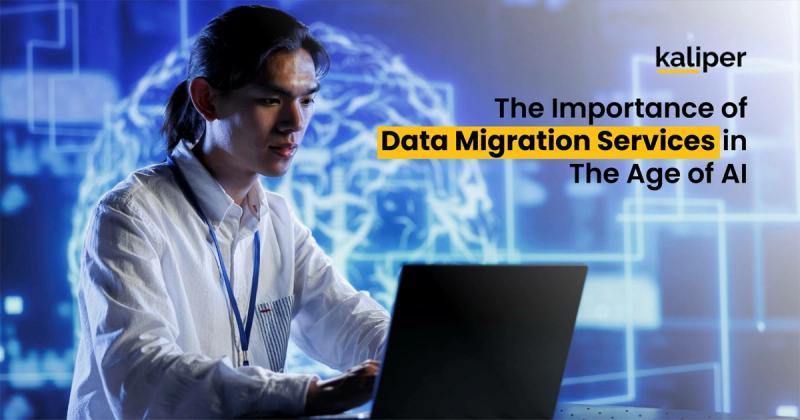 Blog header graphic titled "The Importance of Data Migration Services in The Age of AI," showing a young man typing on a laptop against a blue background with an abstract brain and circuit illustration.