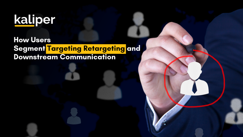 Blog header graphic titled "How Users Segment Targeting Retargeting and Downstream Communication," showing a hand circling one silhouetted user icon in red marker among a grid of faded user icons on a world map background.