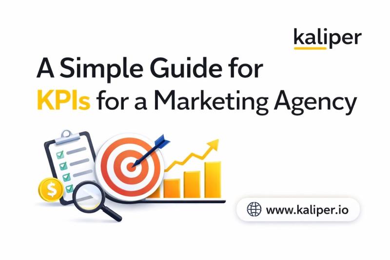 Illustration for "A Simple Guide for KPIs for a Marketing Agency," with 3D icons of a checklist clipboard, a target with an arrow, an ascending bar chart, a magnifying glass, and a dollar coin.