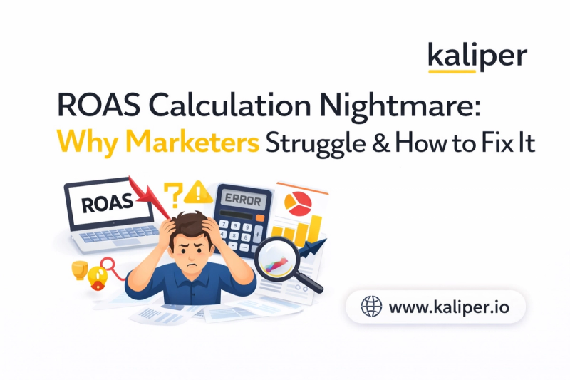 Illustration titled "ROAS Calculation Nightmare: Why Marketers Struggle & How to Fix It," showing a stressed cartoon figure holding his head between a laptop displaying a falling ROAS chart and a calculator showing an error message.