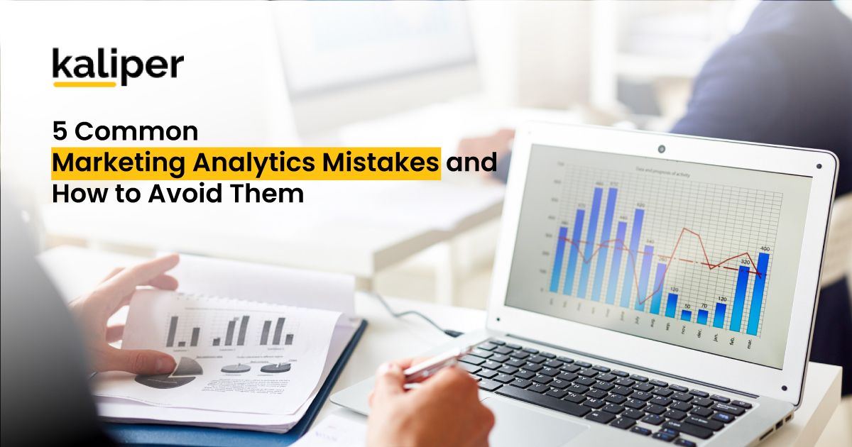 Blog header graphic titled "5 Common Marketing Analytics Mistakes and How to Avoid Them," showing a person reviewing printed bar and pie charts beside a laptop displaying a colorful bar-and-line performance chart.