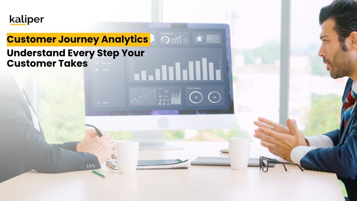 Blog header graphic titled "Customer Journey Analytics: Understand Every Step Your Customer Takes," showing two people at a table with a monitor displaying a performance dashboard of bar charts and progress rings.