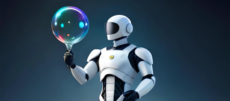 Illustration of a white humanoid robot holding a translucent, rainbow-colored soap bubble in its hand against a dark blue background.