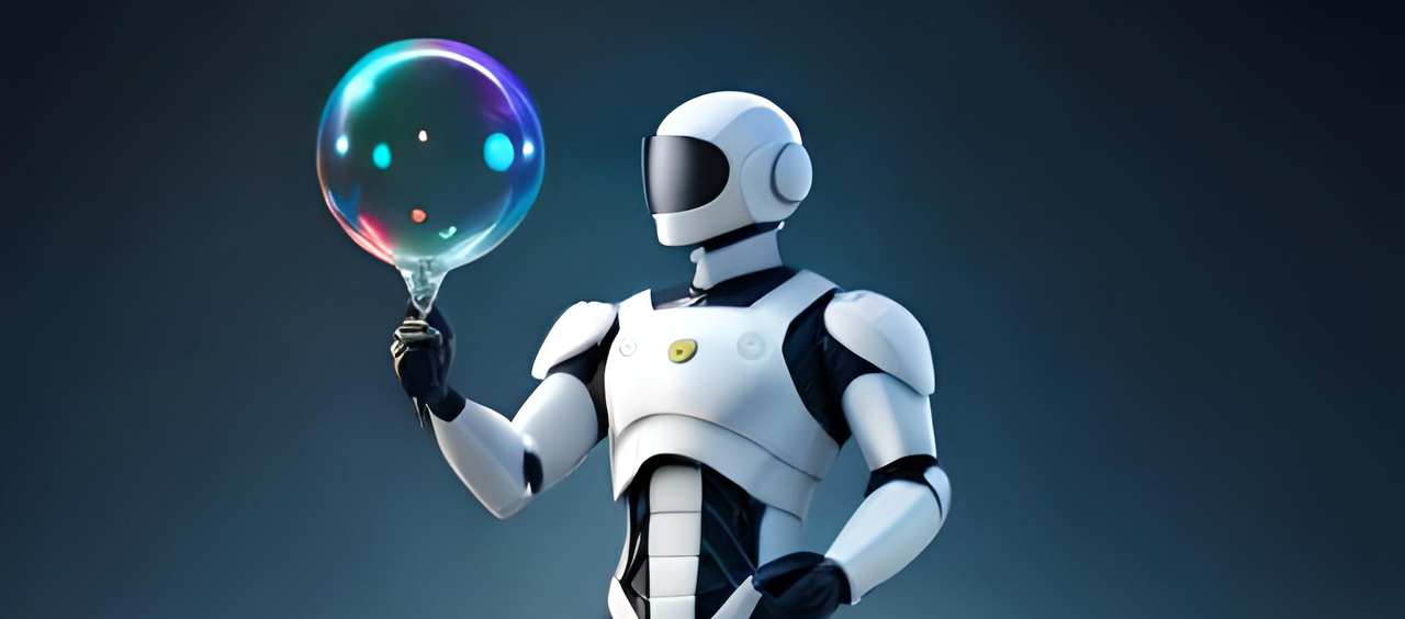 Illustration of a white humanoid robot holding a translucent, rainbow-colored soap bubble in its hand against a dark blue background.