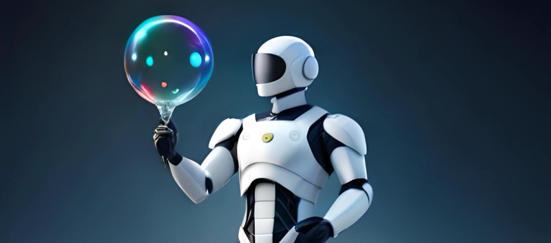 Illustration of a white humanoid robot holding a translucent, rainbow-colored soap bubble in its hand against a dark blue background.