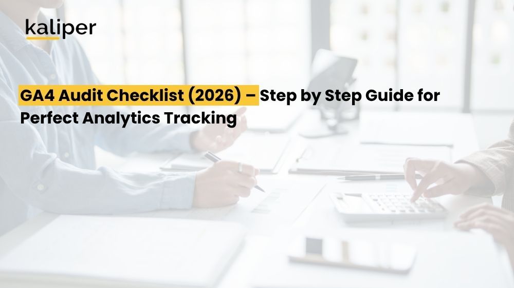Blog header graphic titled "GA4 Audit Checklist (2026) – Step by Step Guide for Perfect Analytics Tracking," showing two people at a table reviewing documents with a calculator.