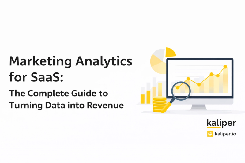 Illustration titled "Marketing Analytics for SaaS: The Complete Guide to Turning Data into Revenue," with a monitor showing an upward trend chart, a pie chart, bar charts, a magnifying glass, and stacked coins.