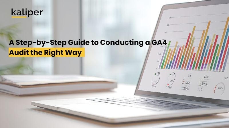 Blog header graphic titled "A Step-by-Step Guide to Conducting a GA4 Audit the Right Way," showing an open laptop on a desk displaying a colorful multi-series bar chart dashboard with gauge widgets.