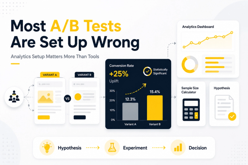 Infographic titled “Most A/B Tests Are Set Up Wrong,” showing a Variant A vs. Variant B comparison, a results card with a 25% conversion uplift marked statistically significant, an analytics dashboard, a sample size calculator, and a hypothesis-experiment-decision workflow.