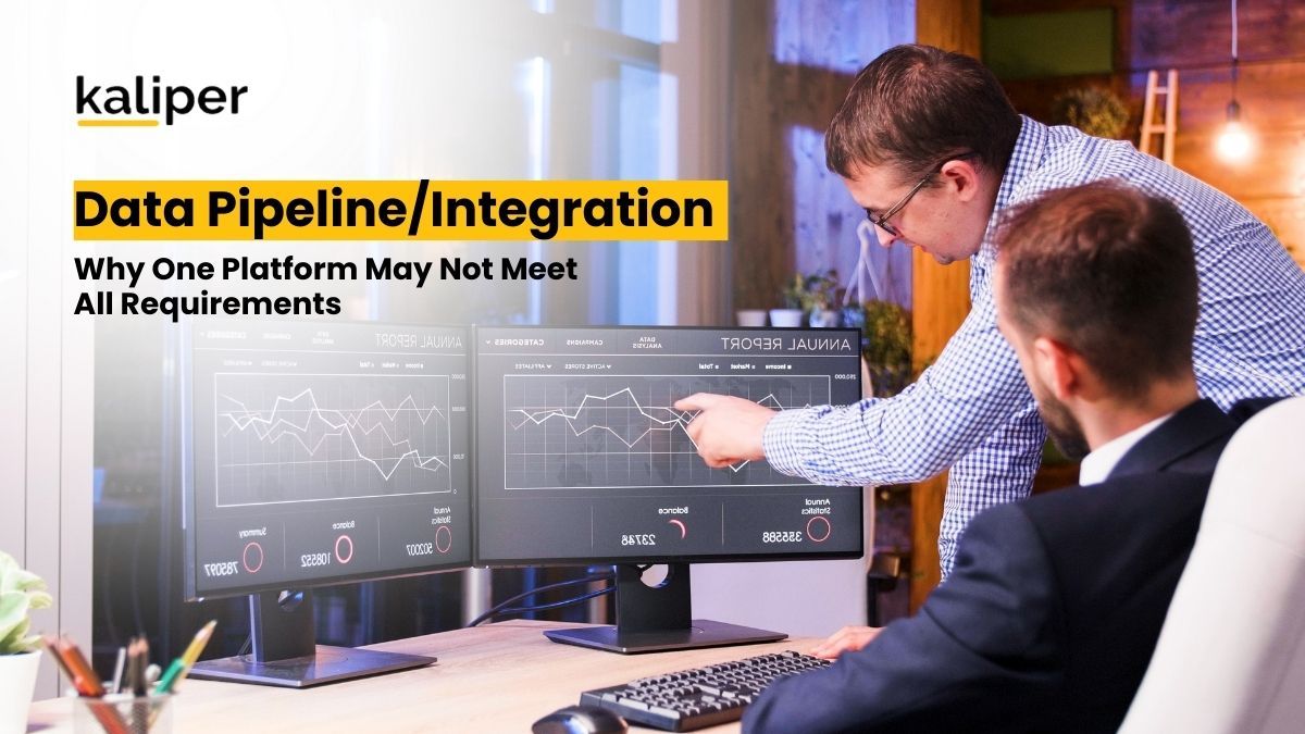 Blog header graphic titled "Data Pipeline/Integration: Why One Platform May Not Meet All Requirements," showing two men reviewing mirrored annual report dashboards on dual monitors.