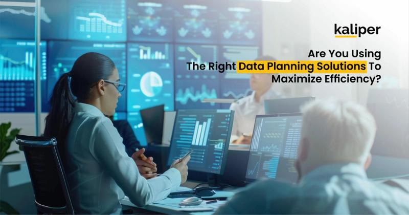 Blog header graphic titled "Are You Using The Right Data Planning Solutions To Maximize Efficiency?," showing a team seated at monitors in front of a wall of data dashboards and charts.